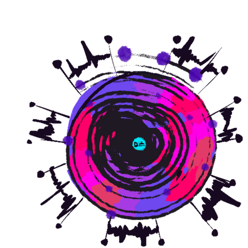 Colorful abstract design with concentric circles and black abstract shapes on a white background